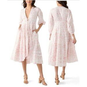 Free People NEW Pappiet Midi Dress Ivory Pink Med Floral Boho READ Cottagecore